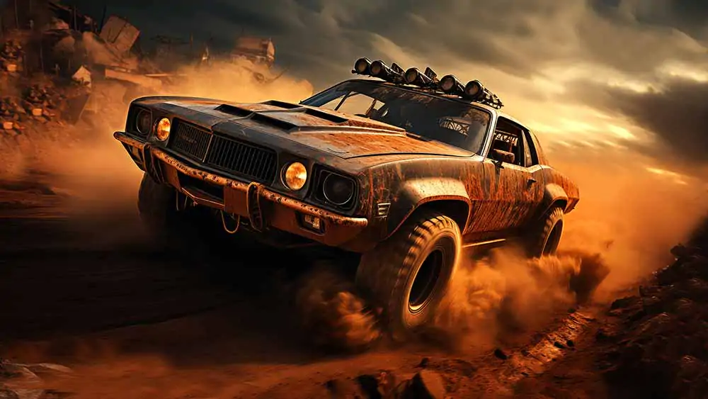 post-apocalyptic Muscle Car Fury road 4K Mad Max-Inspired Wallpaper