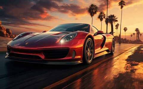 Voiture de sport Porsche 918 Spyder rouge roulant sur une route côtière au coucher du soleil avec des palmiers et un ciel spectaculaire.