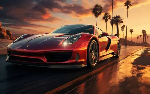 Red Porsche 918 Spyder sports car driving on a coastal road at sunset with palm trees and a dramatic sky.