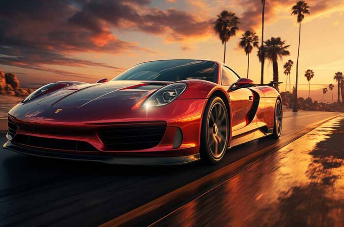 Voiture de sport Porsche 918 Spyder rouge roulant sur une route côtière au coucher du soleil avec des palmiers et un ciel spectaculaire.