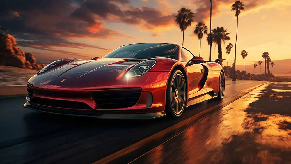 Voiture de sport Porsche 918 Spyder rouge roulant sur une route côtière au coucher du soleil avec des palmiers et un ciel spectaculaire.