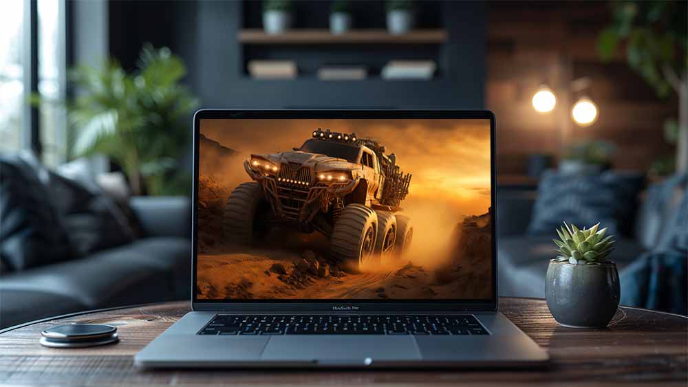 Camion monstre de l'apocalypse en pleine course dans le désert fond d'écran HD 4K