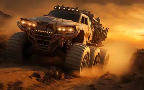 Apocalyptic monster truck racing through desert sunset HD 4K wallpaper