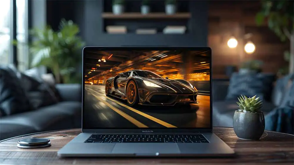 fond d'écran HD 4K d'une voiture de sport haute performance noire et orange roulant à toute vitesse dans un parking souterrain