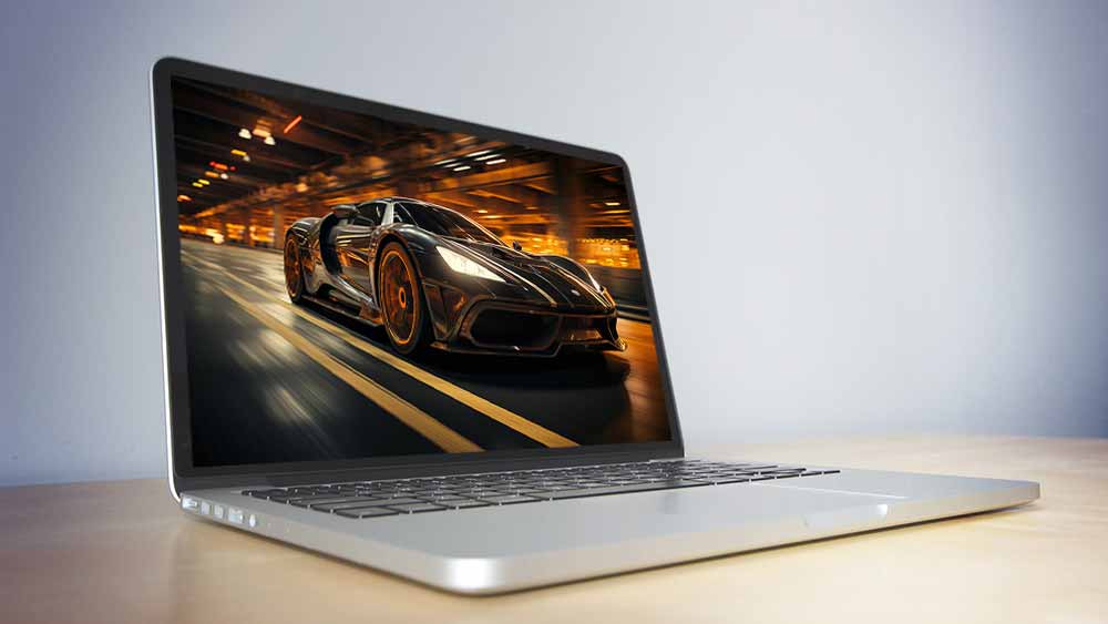 fond d'écran HD 4K d'une voiture de sport haute performance noire et orange roulant à toute vitesse dans un parking souterrain