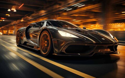 fond d'écran HD 4K d'une voiture de sport haute performance noire et orange roulant à toute vitesse dans un parking souterrain