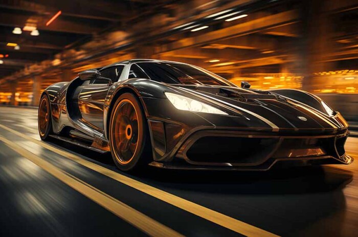 fond d'écran HD 4K d'une voiture de sport haute performance noire et orange roulant à toute vitesse dans un parking souterrain