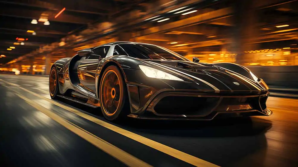 wallpaper HD 4K of a Black Orange High-Performance Sports Car Speeding in Underground Parking Lot