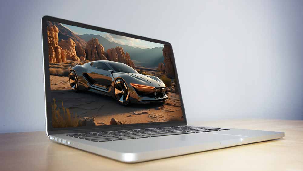 Concept de voiture futuriste dans un paysage désertique avec des formations rocheuses et des montagnes fond d'écran 4K HD
