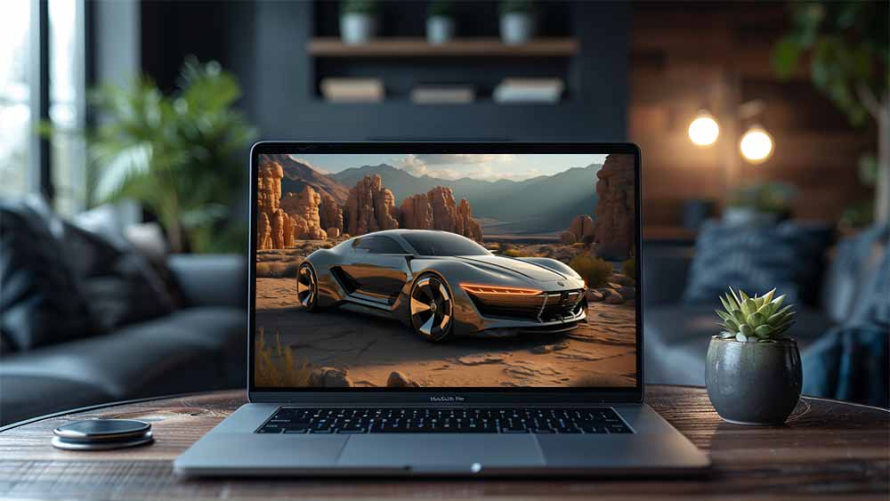 Concept de voiture futuriste dans un paysage désertique avec des formations rocheuses et des montagnes fond d'écran 4K HD