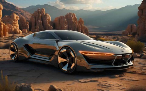 Concept de voiture futuriste dans un paysage désertique avec des formations rocheuses et des montagnes fond d'écran 4K HD