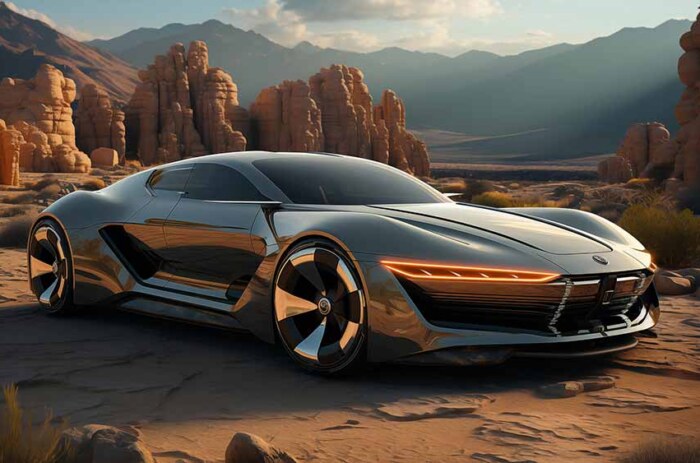 Concept de voiture futuriste dans un paysage désertique avec des formations rocheuses et des montagnes fond d'écran 4K HD