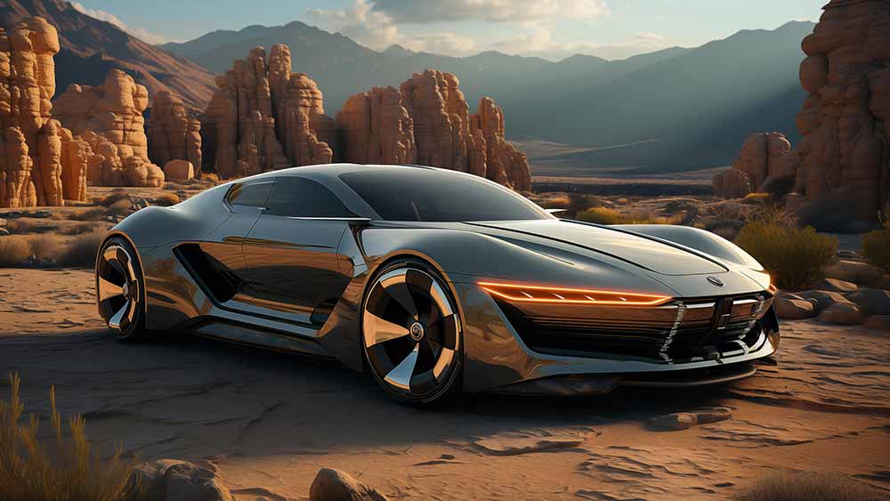Concept de voiture futuriste dans un paysage désertique avec des formations rocheuses et des montagnes fond d'écran 4K HD