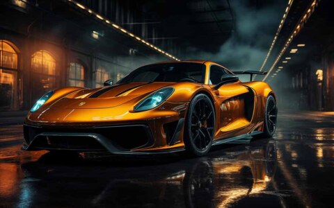 Porche Golden supercar dans la ville de nuit avec fond d'écran réfléchissant sur route mouillée 4K HD
