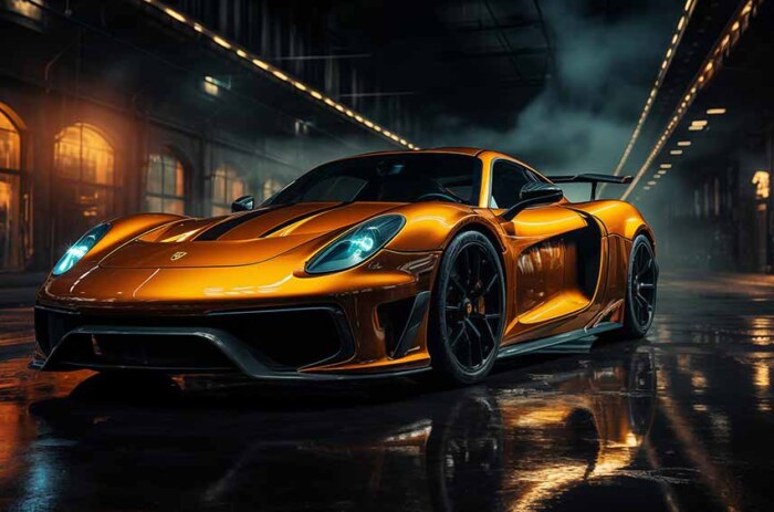 Porche Golden supercar dans la ville de nuit avec fond d'écran réfléchissant sur route mouillée 4K HD
