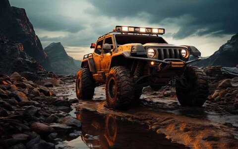 Orange Jeep Wrangler 4x4 Off-Road Wallpaper HD 4K - Conquérir les montagnes rocheuses au coucher du soleil. Téléchargement gratuit.