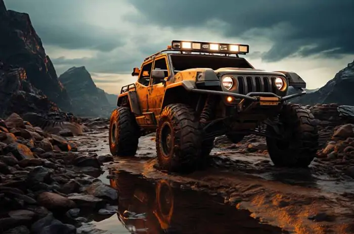 Orange Jeep Wrangler 4x4 Off-Road Wallpaper HD 4K - Conquérir les montagnes rocheuses au coucher du soleil. Téléchargement gratuit.