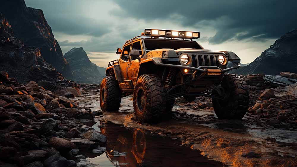 Orange Jeep Wrangler 4x4 Off-Road Wallpaper HD 4K - Conquérir les montagnes rocheuses au coucher du soleil. Téléchargement gratuit.