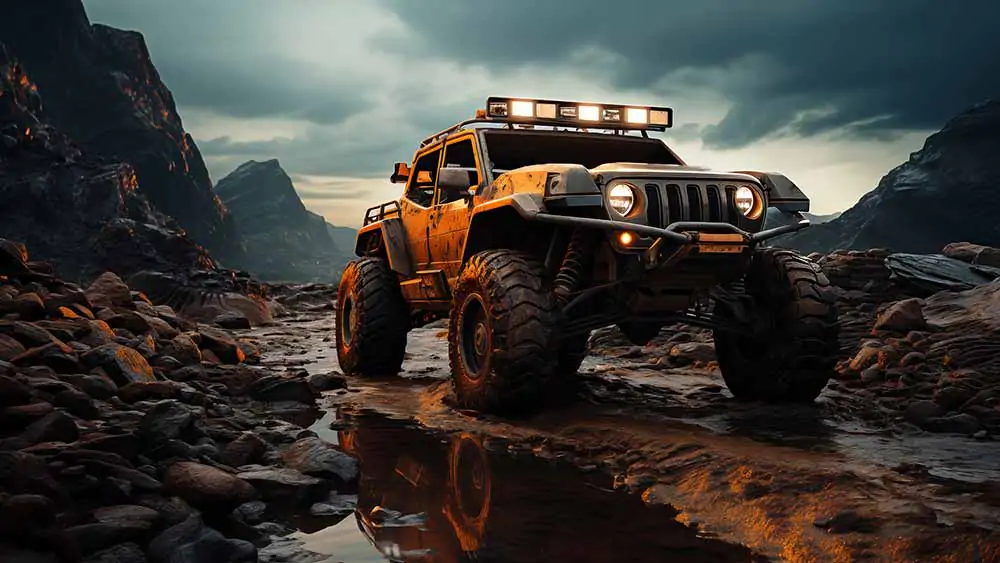 Orange Jeep Wrangler 4x4 Off-Road Wallpaper HD 4K - Conquérir les montagnes rocheuses au coucher du soleil. Téléchargement gratuit.