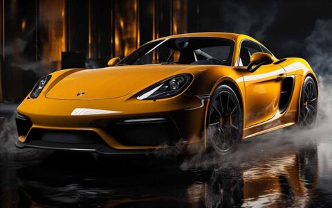Porsche 718 Cayman GT4 jaune dans une scène de nuit brumeuse avec des reflets fond d'écran 4k HD téléchargement gratuit