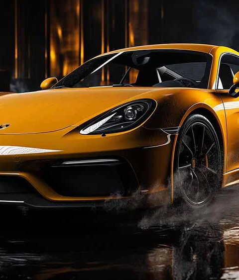 Yellow Porsche 718 Cayman GT4 in misty night scene with reflections wallpaper 4k HD free download