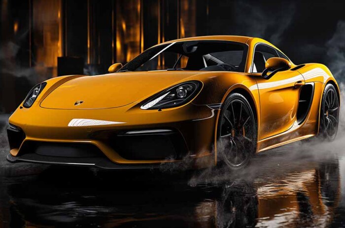 Porsche 718 Cayman GT4 jaune dans une scène de nuit brumeuse avec des reflets fond d'écran 4k HD téléchargement gratuit