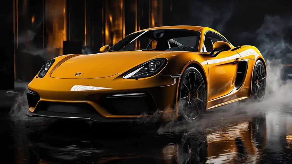 Porsche 718 Cayman GT4 jaune dans une scène de nuit brumeuse avec des reflets fond d'écran 4k HD téléchargement gratuit