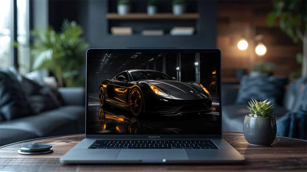 Fond d'écran de voiture de sport noire Ferrari, 4K, luxe, performance, lumière dorée, arrière-plan industriel, téléchargement gratuit