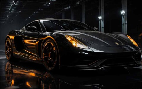 Fond d'écran de voiture de sport noire Ferrari, 4K, luxe, performance, lumière dorée, arrière-plan industriel, téléchargement gratuit