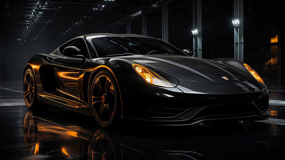 Fond d'écran de voiture de sport noire Ferrari, 4K, luxe, performance, lumière dorée, arrière-plan industriel, téléchargement gratuit