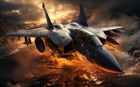 Avion de chasse F-15 Eagle volant à basse altitude au-dessus des montagnes au coucher du soleil, ciel dramatique, fond d'écran de combat aérien 4K HD
