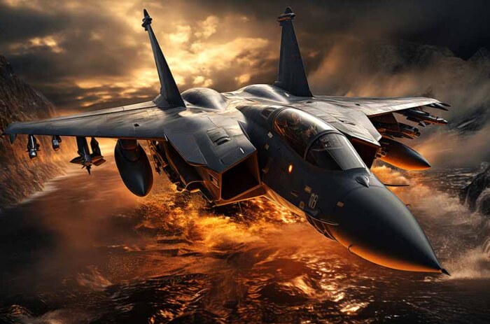 Avion de chasse F-15 Eagle volant à basse altitude au-dessus des montagnes au coucher du soleil, ciel dramatique, fond d'écran de combat aérien 4K HD