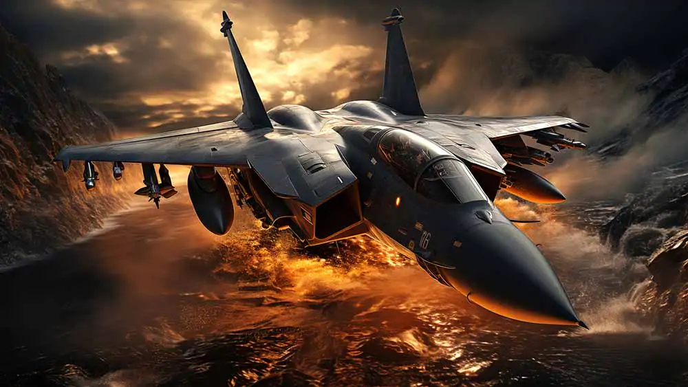 Avion de chasse F-15 Eagle volant à basse altitude au-dessus des montagnes au coucher du soleil, ciel dramatique, fond d'écran de combat aérien 4K HD