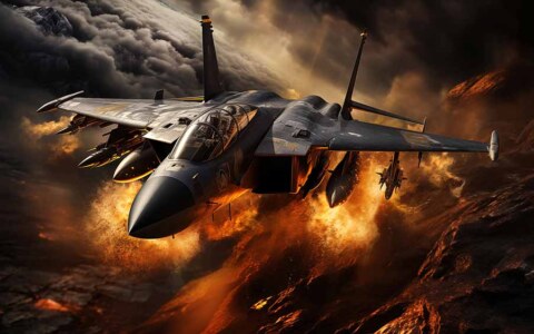 Avion de chasse F-16 Falcon planant dans un ciel explosif en téléchargement gratuit de fond d'écran HD