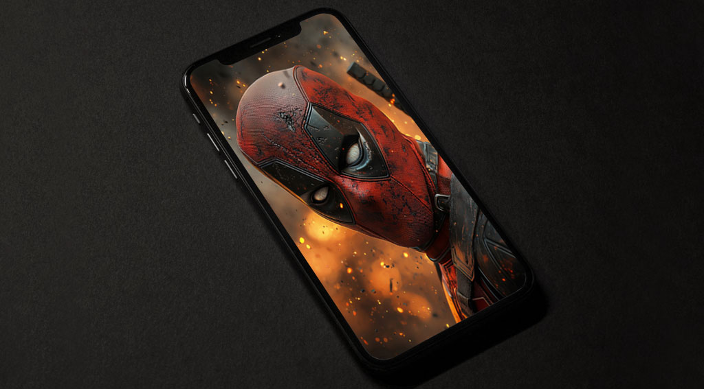 Fond d'écran Deadpool 4K avec costume rouge et noir sur fond d'explosion, art numérique de super-héros de haute qualité, résolution Ultra HD