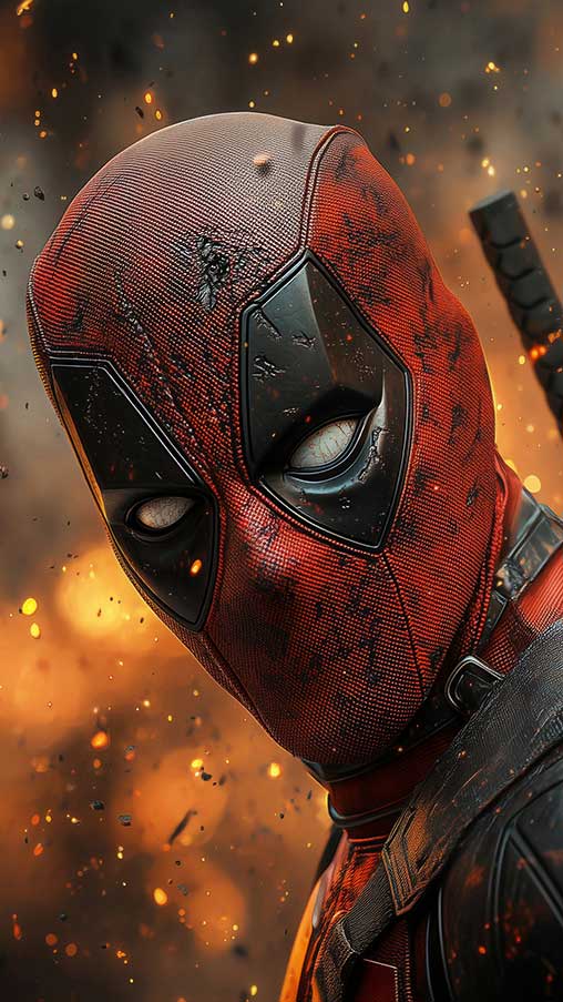 Fond d'écran Deadpool 4K avec costume rouge et noir sur fond d'explosion, art numérique de super-héros de haute qualité, résolution Ultra HD