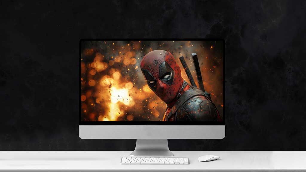 Fond d'écran Deadpool 4K avec costume rouge et noir sur fond d'explosion, art numérique de super-héros de haute qualité, résolution Ultra HD