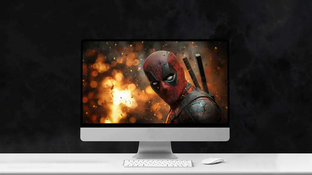 Deadpool 4K wallpaper with red and black costume against explosion background, high-quality superhero digital art Ultra HD resolution