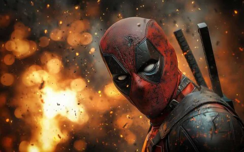 Deadpool 4K wallpaper with red and black costume against explosion background, high-quality superhero digital art Ultra HD resolution