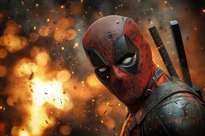 Deadpool 4K wallpaper with red and black costume against explosion background, high-quality superhero digital art Ultra HD resolution