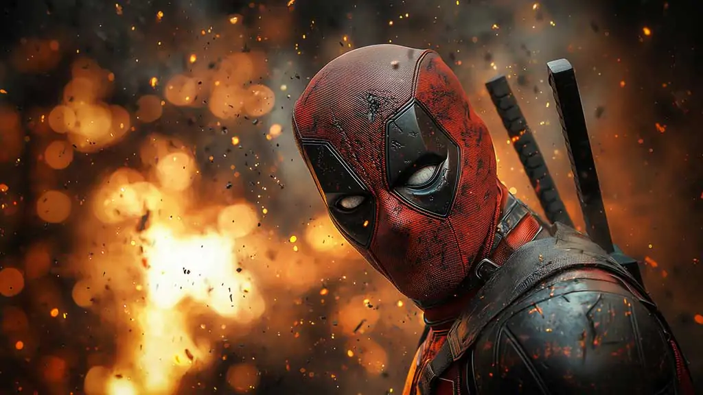 Deadpool 4K wallpaper with red and black costume against explosion background, high-quality superhero digital art Ultra HD resolution