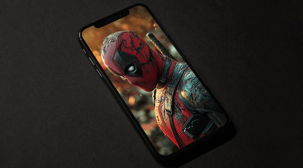 Deadpool side profile 4K wallpaper with dramatic lighting and golden bokeh effects, premium superhero background Ultra HD quality Free Download