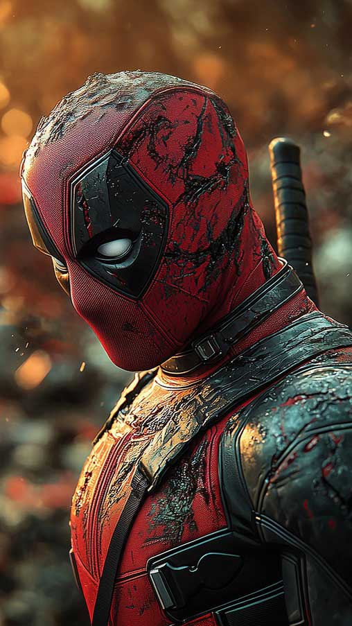 Fond d'écran 4K de profil latéral de Deadpool avec un éclairage spectaculaire et des effets bokeh dorés, arrière-plan de super-héros premium Qualité Ultra HD Téléchargement gratuit