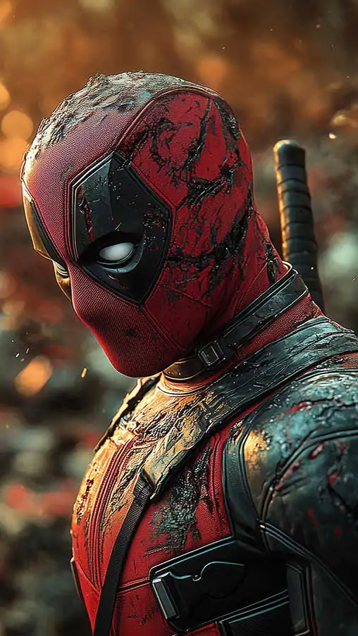 Deadpool side profile 4K wallpaper with dramatic lighting and golden bokeh effects, premium superhero background Ultra HD quality Free Download