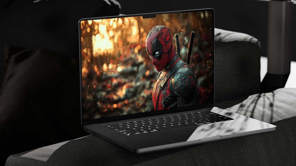 Fond d'écran 4K de profil latéral de Deadpool avec un éclairage spectaculaire et des effets bokeh dorés, arrière-plan de super-héros premium Qualité Ultra HD Téléchargement gratuit