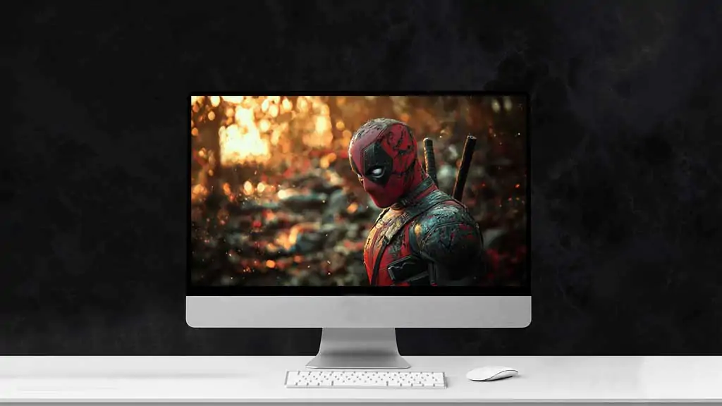 Deadpool side profile 4K wallpaper with dramatic lighting and golden bokeh effects, premium superhero background Ultra HD quality Free Download