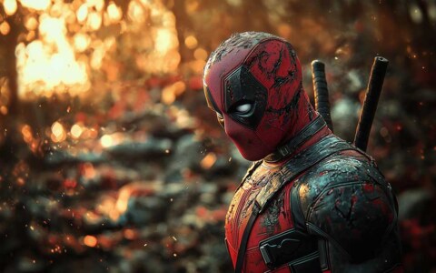 Fond d'écran 4K de profil latéral de Deadpool avec un éclairage spectaculaire et des effets bokeh dorés, arrière-plan de super-héros premium Qualité Ultra HD Téléchargement gratuit