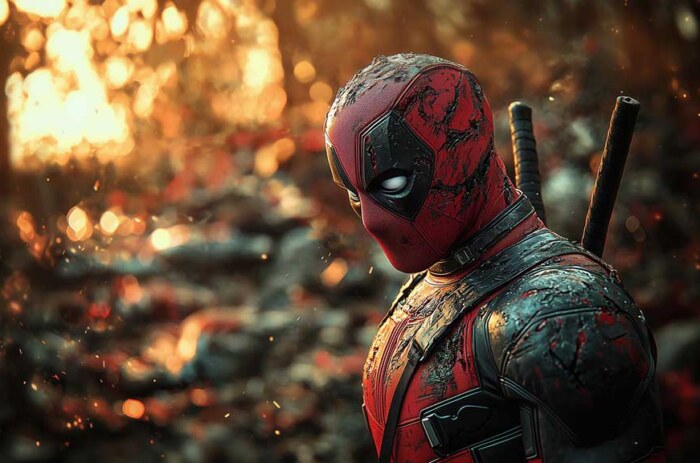 Fond d'écran 4K de profil latéral de Deadpool avec un éclairage spectaculaire et des effets bokeh dorés, arrière-plan de super-héros premium Qualité Ultra HD Téléchargement gratuit