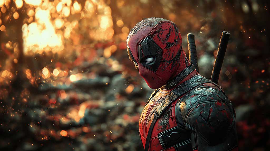 Fond d'écran 4K de profil latéral de Deadpool avec un éclairage spectaculaire et des effets bokeh dorés, arrière-plan de super-héros premium Qualité Ultra HD Téléchargement gratuit