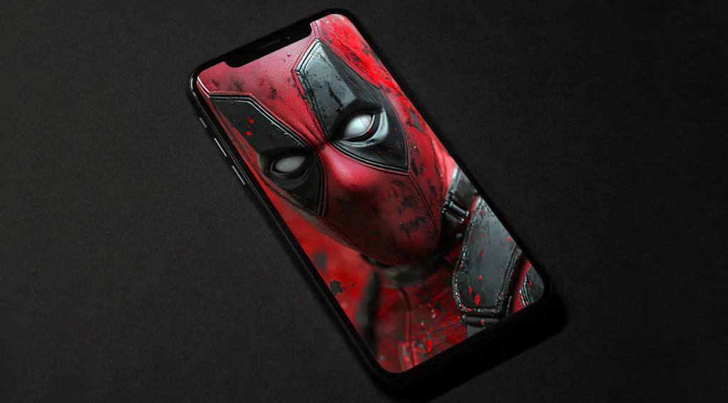 Deadpool mask close-up 4K wallpaper with intense red background effects, premium superhero portrait Ultra HD resolution for Desktop and mobile